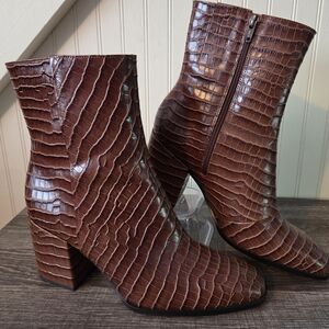 Harper Brown Crocodile-Pattern Ankle Booties